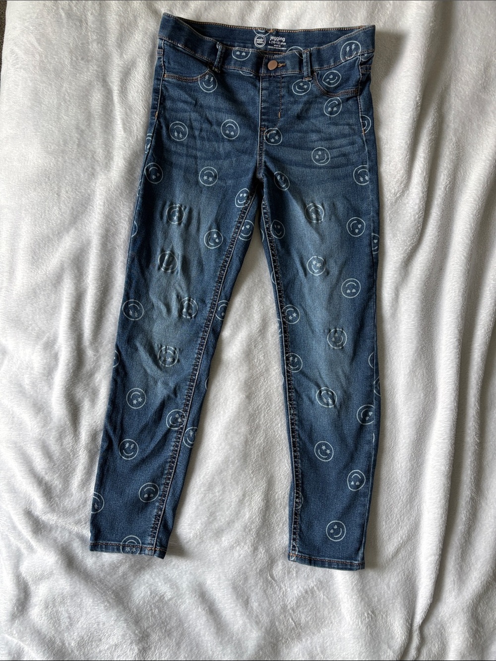 Dark Blue Smile-Print Girls Skinny Jeggings